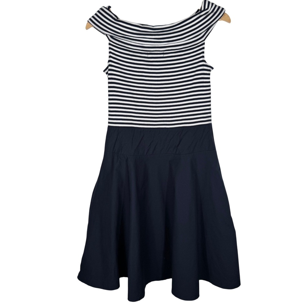 Lauren Ralph Lauren Striped Off Shoulder Fit Flare Dress Womens‎ M Navy Poplin
